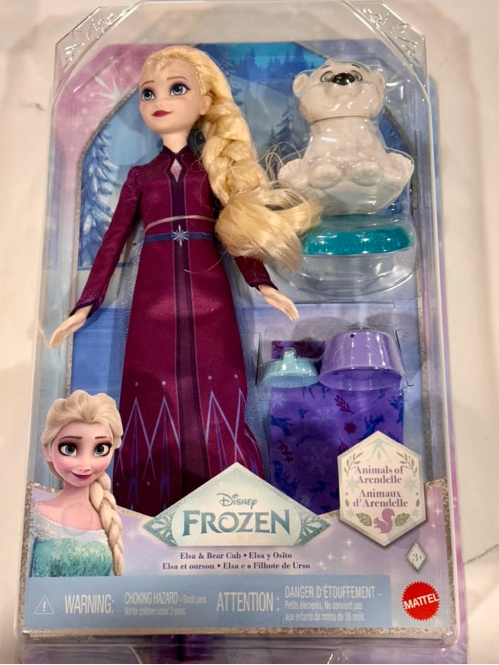Disney Elsa Doll in Dark Purple Dress with Polar Bear Cub